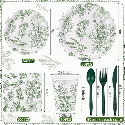 Havawish 400 Pcs Sage Green Disposable Tableware Set Greenery Floral Paper Plates Napkins Sage Serve Scalloped Plates Paper Napkins Cups Plastic Spoons Forks Knives for Wedding Tea Party Baby Shower