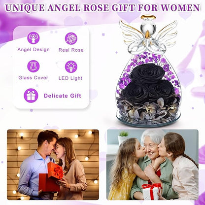 Beferr Christmas Birthday Gifts for Women, Mom Gifts for Christmas Fresh Flowers for Delivery Prime Forever Preserved Rose in Glass Angel, Xmas Gifts for Grandma Wife Sister Her, Black & Purple