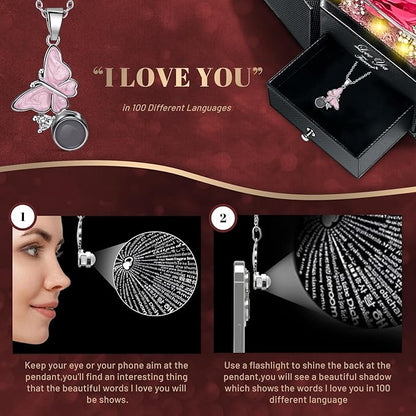 DRTINA Preserved Pink Real Rose with I Love You Butterfly Necklace-Eternal Flowers Rose Birthday Gifts for Women Wife Mom Girlfriend Grandma on Mothers Day Valentines Anniversary Christmas Romantic