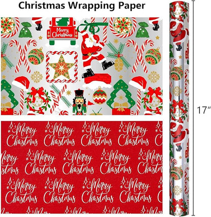 MAYPLUSS Christmas Nutcracker Wrapping Paper - 17 Inch X 33 Feet - Metallic Silver Christmas Tree Santa Claus Candy Cane Reversible Snowflake Gift Wrapping Paper for Holiday Party New Year Kids