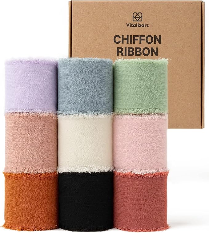 Vitalizart 1.5" x 45 Yd Chiffon Silk Ribbon Mixed Color Ribbons Set 5 Yd x 9 Rolls Fringe Fabric for Wedding Bridal Bouquets Party Decorations Gift Wrapping Bows Making