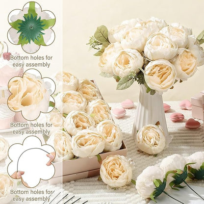50 Pcs Artificial Peony Flower Bulk 3.5 Inch Silk Peony Flowers Heads with Stems Realistic Fake Roses for DIY Wedding Party Craft Bridal Bouquets Table Centerpieces Vase Home Decor(Cream‌)