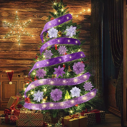 RECUTMS Christmas Glitter Tree Ornaments Christmas Snowflake Flower Poinsettias Xmas Purple Glitter Artificial Flowers with Ribbon for Wreath Xmas Tree Ornament Wedding Party Decor(Purple)