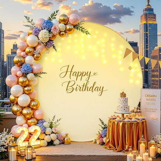 6.6 FT Beige Round Backdrop Cover with Lights String for Circle Arch Stand Circle Backdrop Covers with LED Fairy Lights for Wedding Arch Bridal Baby Shower Birthday Party Photo Photography Background