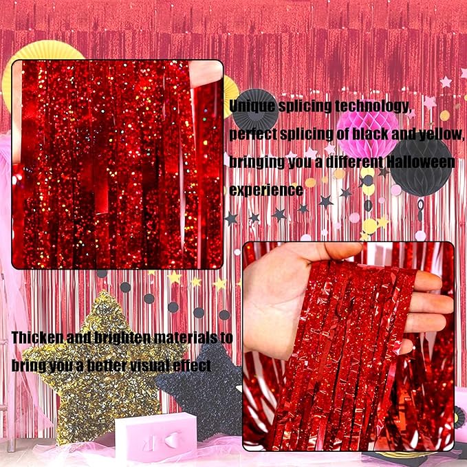 4 Pack Red Tinsel Foil Fringe Curtain Backdrop, 3.28Ft x 8.2Ft Metallic Streamers for Photo Booth Props Wedding Bridal Shower Bachelorette Birthday Halloween Christmas Party Decoration