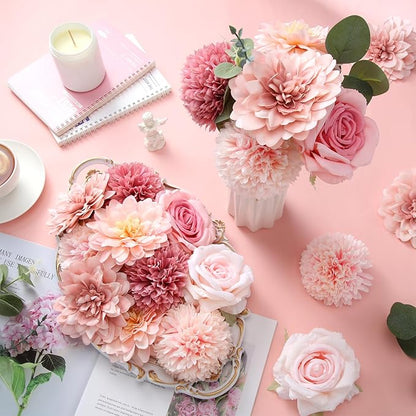 98 Pcs Assorted Faux Flowers Heads with Stem Eucalyptus Leaves Silk Artificial Flowers Bouquet Floral Table Centerpieces for DIY Wedding Party Wreath Home Decoration(Pink,Delicate Style)