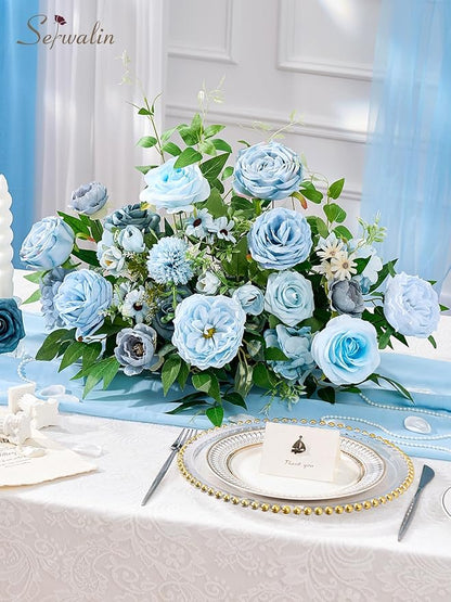 Serwalin Artificial Flowers,Blue Silk Fake Flowers Box for DIY Wedding Bridal Bouquet, Wedding Cake Flowers for Table Centerpieces Birthday Party Bridal Shower Home Decorations