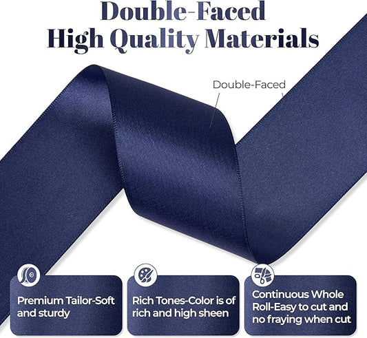 Navy Blue Satin Ribbon, Double Faced 2 Inch X 25 Yards Navy Blue Ribbon, Premium Satin Ribbon for Gift Wrapping, Crafts, Hair Bow Making, Sewing, Flower Bouquet, Wedding Party Decor