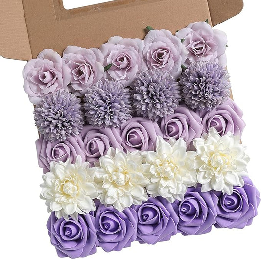 Artificial Flowers Combo Box Set Gradient Color Flower Leaf with Stems for DIY Wedding Bouquets Centerpieces Baby Shower Party Home Decor (Gradient Purple)