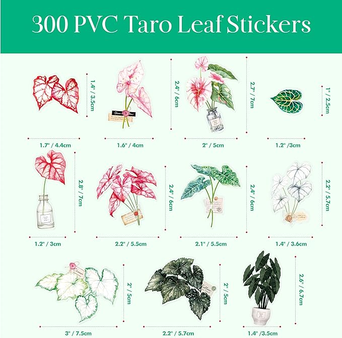 300 PCS PVC Taro Leaf Stickers, Self-Adhesive PVC Greenery Stickers Nature Plant Decals for Scrapbook, Laptop, Journal, DIY Project, Spring Themed Party Decors
