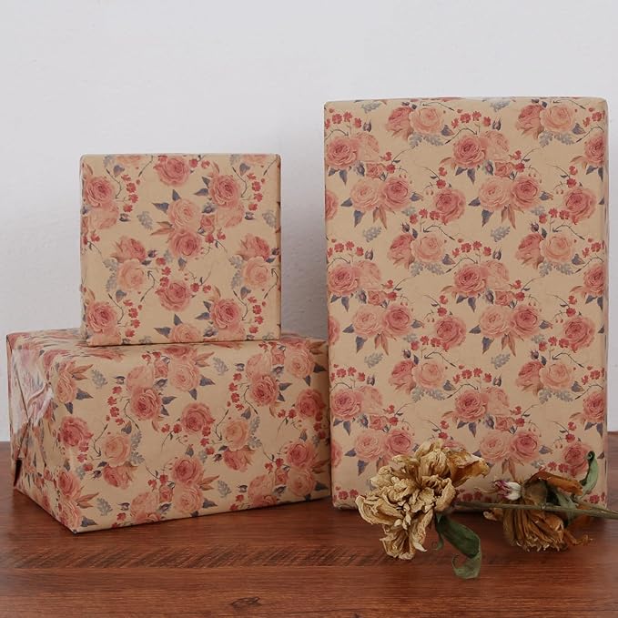 Aimyoo Pink Rose Floral Kraft Wrapping Paper Roll, All Occasion Vintage Flower Gift Wrap for Wedding Birthday Bridal Shower, 17 inch x 60 ft