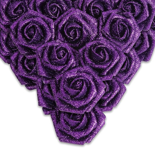 IPOPU Artificial Glitter Roses,50PCS Purple Glitter Flowers Sparkle Fake Roses for Cake Wedding Bouquet Home Party Decoration(Purple)