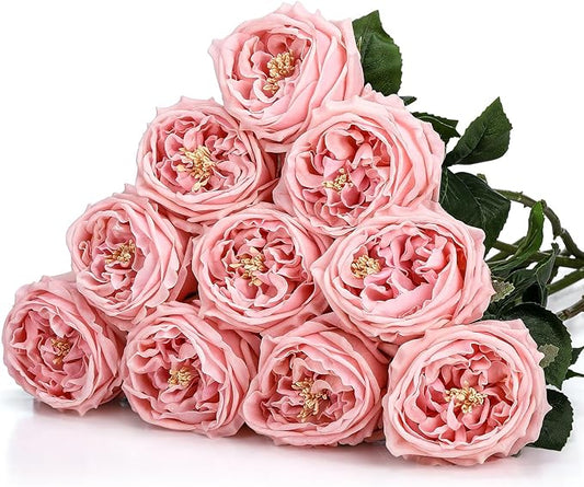 10pcs Real Touch Peonies Artificial Flowers, Faux Austin Rose with Long Stem Look Real Fake Flower for Christmas Valentines Arrangement Wedding Party Home Kitchen Decor(Pink)