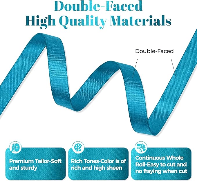 Premium Double Faced Turquoise Blue Satin Polyester Ribbon, 3/8 Inch X 50 Yards, Perfect for Gift Wrapping, Crafts, Wedding Decor, Special Occasions