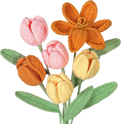 Dremisland Crochet Flowers 6PCS Crochet Tulips Finished Handmade Knitted Flowers Crocheted Bouquets Pastel Floral Gift for Mothers Girls Friends Teacher Gifts for Women,Graduation Flower Home Decor