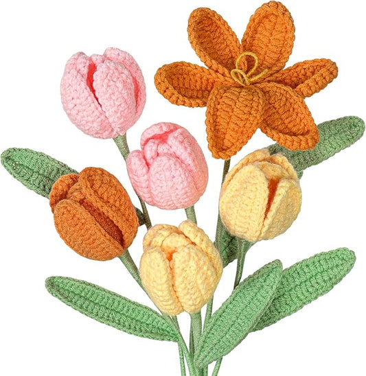Dremisland Crochet Flowers 6PCS Crochet Tulips Finished Handmade Knitted Flowers Crocheted Bouquets Pastel Floral Gift for Mothers Girls Friends Teacher Gifts for Women,Graduation Flower Home Decor