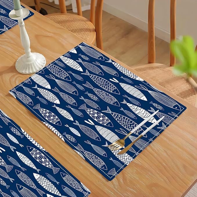 Japanese Fish Placemats Set of 4, Blue Fishing Country Double-Sided Table Mats for Kitchen Dining Room Home Party Indoor Decor 4 PCS 12x18 Inch