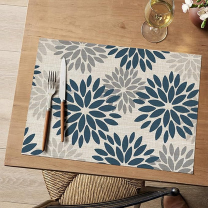 Artoid Mode Floral Vinyl Plistic Placemats Set of 6, Heat Resistant Washable Non-Slip PVC Place Mats for Party Kitchen Dining Decor, Blue Grey