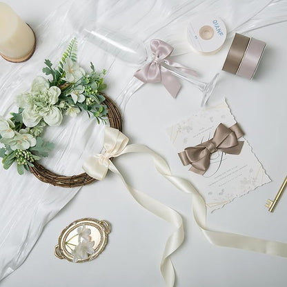 Champagne Double Face Satin Ribbon 1 Inch x 45 Yards Ivory Fabric Ribbon for Gift Wrapping, Flower Bouquets, Hair Bows Making, Wedding Decoration, Invitation Cards, Christmas (3 Rolls *15Yd)