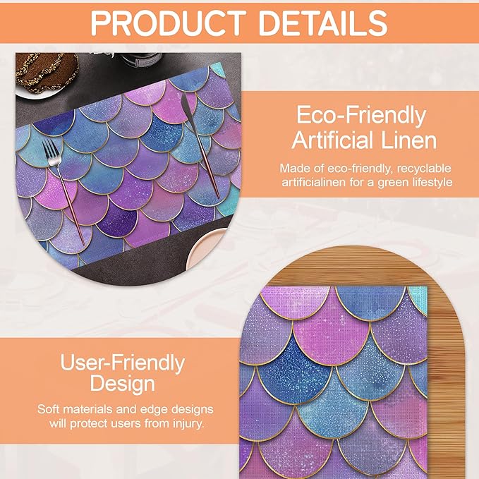 Glitter Fish Scales Placemat Set of 6,Mermaids Heat Resistant Linen Table Mats for Indoor Outdoor Home Kitchen Dining Room Table 12x18Inch