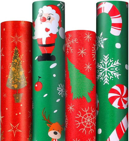 Christmas Wrapping Paper, Green Red Kraft Gift Wrap Papers Roll With Snowflakes Santa Reindeer Designs For Christmas, Thanksgiving, Holiday, Festive Gift Decor For Kids Adult, 4 Jumbo Roll x 17”x 16”