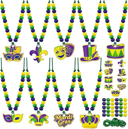 Eternity sky 36 Pcs Mardi Gras Beads Necklace Kit - DIY Purple Green Gold Wooden Craft Pendant Set for Carnival Party Favors - 9 Styles