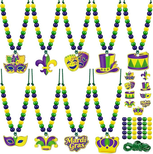 Eternity sky 36 Pcs Mardi Gras Beads Necklace Kit - DIY Purple Green Gold Wooden Craft Pendant Set for Carnival Party Favors - 9 Styles