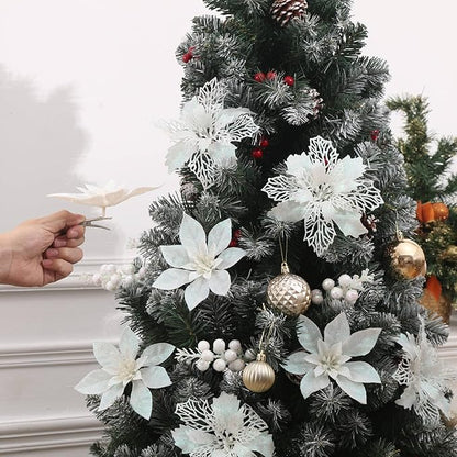 24Pcs White Glitter Poinsettia Christmas Tree Ornaments and Glitter Berries Stems, 16Pcs Christmas Artificial Flowers and 8 Pack Christmas Tree Picks for Wedding Holiday Decorations