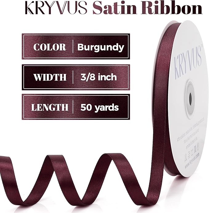 Burgundy Satin Ribbon, Double Faced 3/8 Inch X 50 Yards, Premium Polyester Satin Ribbon for Gift Wrapping, Crafts, Wedding Party Decor