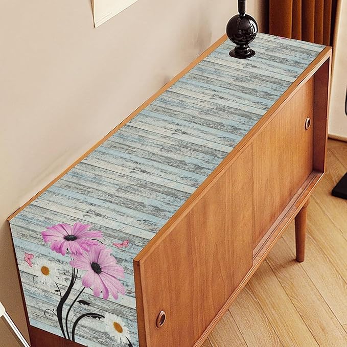 Farmhouse Table Runner, Abstract Daisy Flower Rustic Old Wood Farmhouse Print Table Runner for Home Indoor Outdoor Party Wedding Decor 13x108 inch