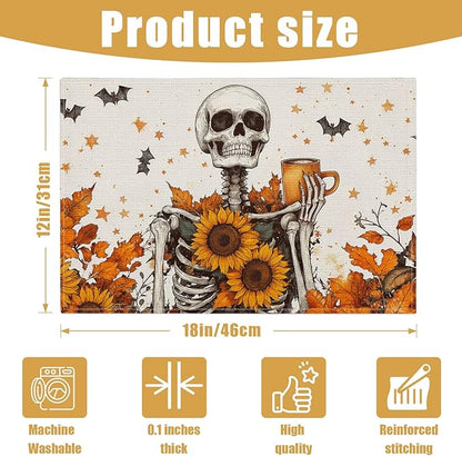 Fall Skull Sunflower Placemats Set of 6, Halloween Bat Linen Place Mat Washable Stain Resistant Table Mats for Farmhouse Kitchen Dining 12x18 Inch