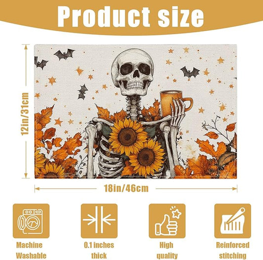 Fall Skull Sunflower Placemats Set of 6, Halloween Bat Linen Place Mat Washable Stain Resistant Table Mats for Farmhouse Kitchen Dining 12x18 Inch