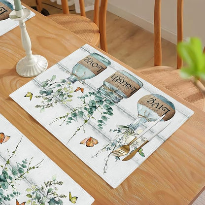 Eucalyptus Placemats Set of 6 Farmhouse Green Botanical Table Mats Washable Place mats for Home Party Indoor Kitchen Dining Table Decoration 12x18 Inch