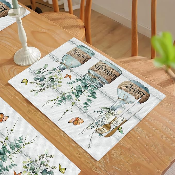 Eucalyptus Placemats Set of 4 Farmhouse Green Botanical Table Mats Washable Place mats for Home Party Indoor Kitchen Dining Table Decoration 12x18 Inch