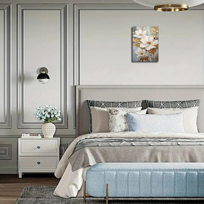Abstract White Flower Painting Canvas Wall Art With Gold Leaf Canvas Framed Art Wall Decor White Elegant Flower Modern Print Wall Art for Living Room Bedroom Home Decoration 16x24 inch