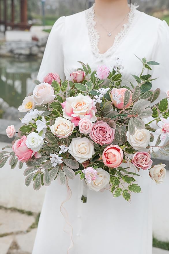Pink Artificial Flowers Combo Set Fake Flower Leaf Box with Stemst for DIY Wedding Bridal Bouquet, Centerpieces, Home Decor, Floral Arrangement Decor