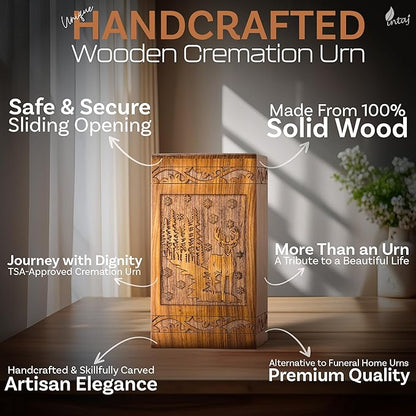 INTAJ Handcarved Rosewood Deer Oversized Urn for Human Ashes - 640 lbs Companion Capacity - Forest Scene Wooden Cremation Urn Box for Burial Funeral Decorative Wildlife Memorial Casket