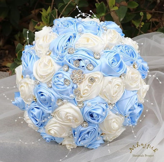 Bridal Wedding Bouquet Round Bling Brooch Bouquet Throw Toss Artificial Rose Flower Bunch for Bride Bridesmaid Wedding Quinceanera(Light Blue & Ivory, 8.7")