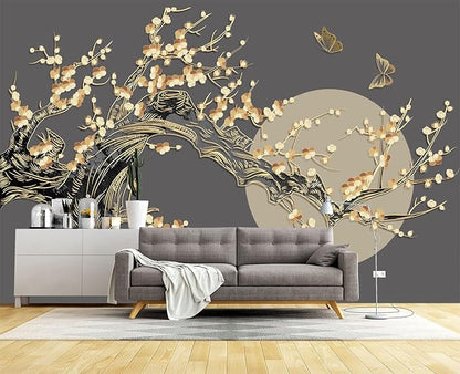 Golden Branches Butterflies Moon Wall Mural Wallpaper for Bedroom 103" x 69"