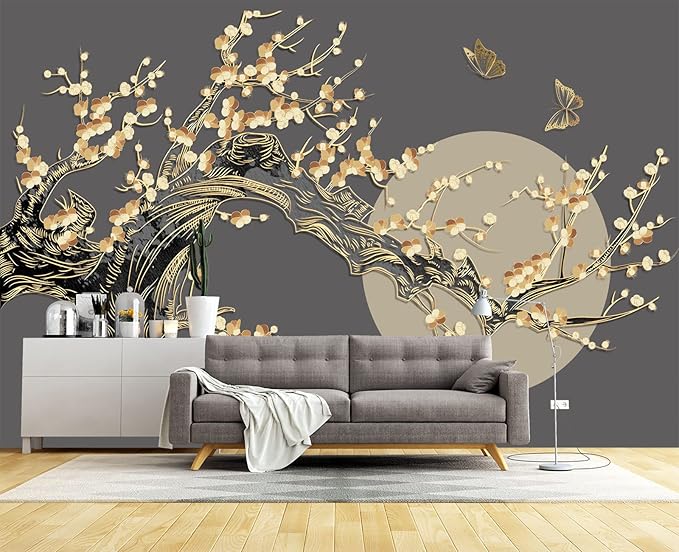 Golden Branches Butterflies Moon Wall Mural Wallpaper for Bedroom 137" x 100"