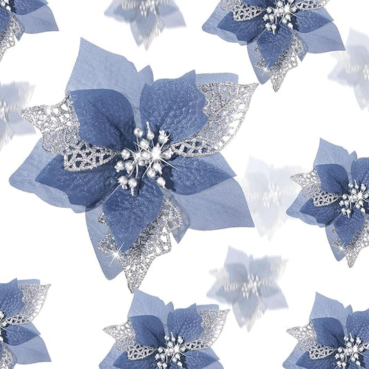 Boao 24 Pieces Christmas Artificial Glitter Poinsettia Flowers Xmas Flowers Wedding Christmas Tree New Year Ornaments(Dusty Blue)