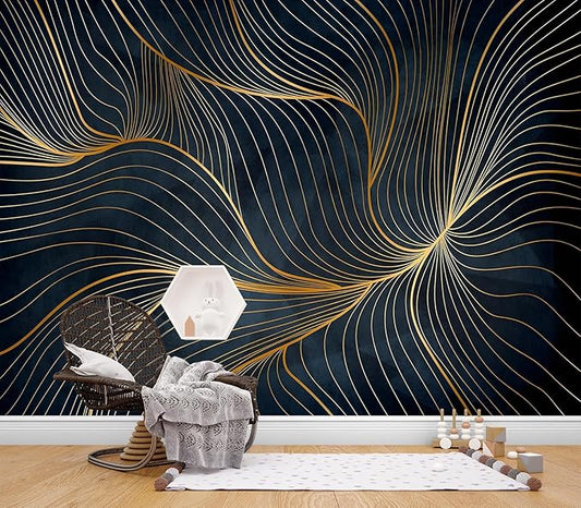 Eierme-Golden Abstract line Pattern Waves Mural Wallpaper Peel and Stick 160" x 114"