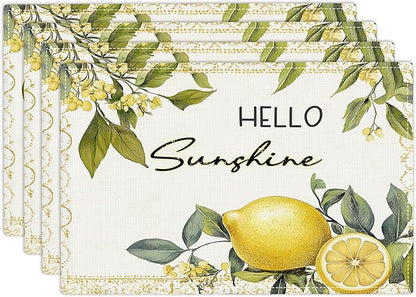 Lemon Iris Summer Placemats Set of 4, Rustic Fruit Place Mats, Country Hello Sunshine Dining Table Mats, Washable Placemats for Kitchen Dining Room Home Decor 18L'' × 12W''