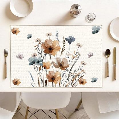 Brown Poppy Floral Placemats Set of 4, 12x18 Inch Flower Table Mats for Dining Farmhouse Kitchen Party Decor Home Decor - A03