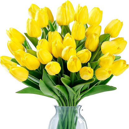 Sggvecsy 15 Pcs Fake Tulips Artificial Flowers Real Touch PU Faux Flowers Tulip Stems for Wedding Spring Bouquet Floral Arrangement Home Party Office Decorations for Mother's Day (Yellow)
