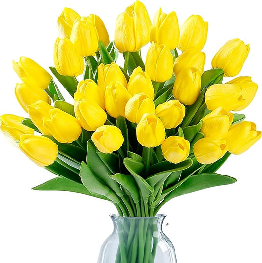 Sggvecsy 30 Pcs Fake Tulips Artificial Flowers Real Touch PU Faux Flowers Tulip Stems for Wedding Spring Bouquet Floral Arrangement Home Party Office Decorations for Mother's Day (Yellow)