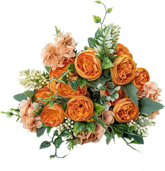 KAOYOO 4 PCS Artificial Peony Bouquet Short Stem for DIY Wedding Decoration Bridal Bouquet Home Decorations(Orange 4-PCS)