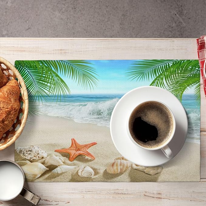 Starfish Beach Placemats, Leisure Summer Time Waves Tropical Palm Elm Sand Starfish Seashells Nautical Print Washable Fabric Placemats Table Kitchen Dining Party 12x18 Inch Set of 6