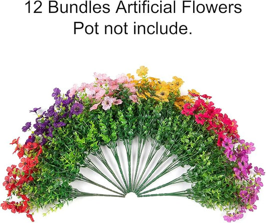 Artificial Fake Plants Flowers for Outdoor Decoration, 12 Bundles Faux Silk Daisy Look Real UV Resistant for Outside Home Porch Patio Planter Decor