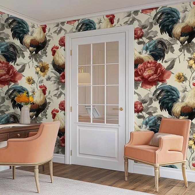Floral Peel and Stick Vintage Animal Contact Paper Sunflower Rooster Removable Botanical Leaf Wallpaper 17.7" x 236.22" Wall Paper Watercolor Self Adhesive for Farm Bedroom laundry room bathroom